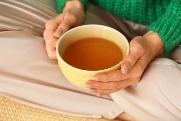 Beautiful Young Woman Drinking Tea Home Closeup — Stock Photo, Image