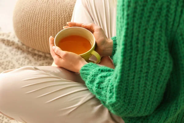 Beautiful Young Woman Drinking Tea Home Closeup — Stock Photo, Image