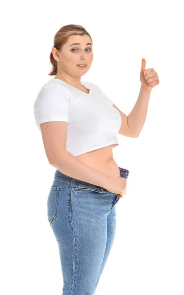 Overweight Woman Loose Clothes Showing Thumb White Background Weight Loss — Stock Photo, Image
