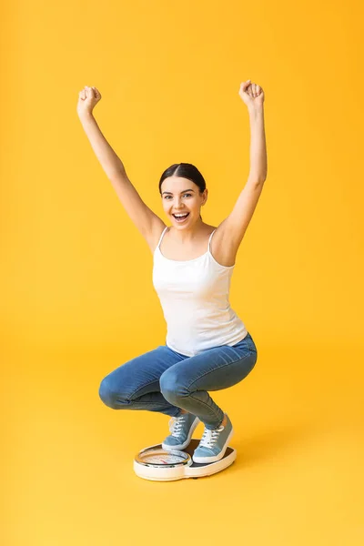 Happy Young Woman Scales Color Background Weight Loss Concept — Stock Photo, Image