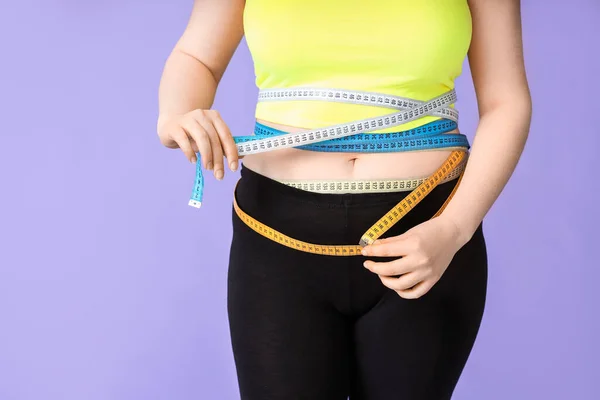 Overweight Woman Measuring Tape Color Background Weight Loss Concept — Stock Photo, Image