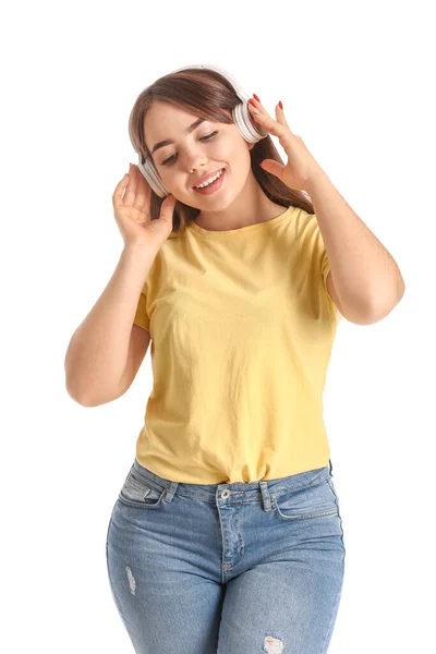 Retrato Bela Jovem Ouvindo Música Fundo Branco — Fotografia de Stock