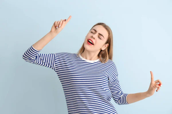 Dancing Young Woman Color Background — Stock Photo, Image