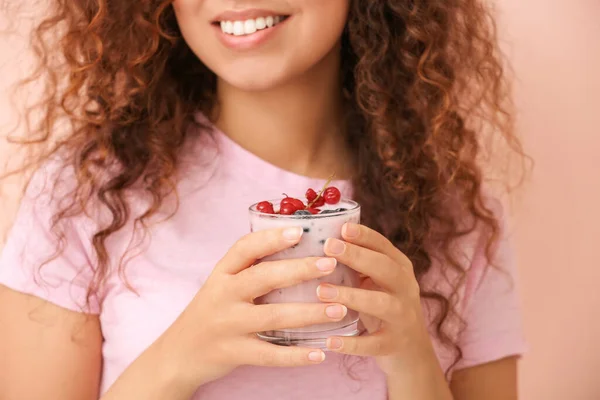 Young Woman Tasty Yogurt Color Background Closeup — Stock Photo, Image