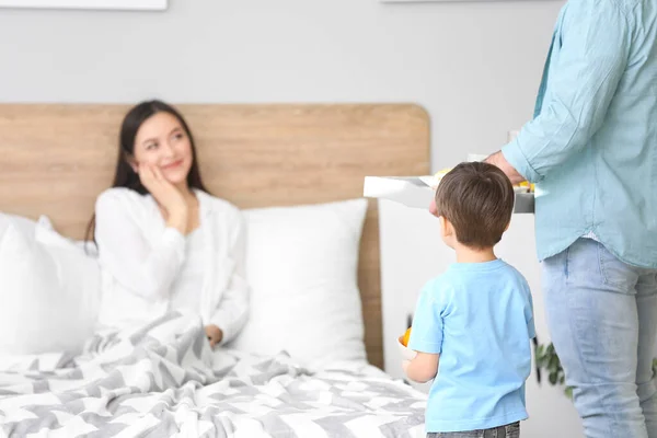 Happy Husband Child Bringing His Wife Breakfast Bed — Stock Photo, Image