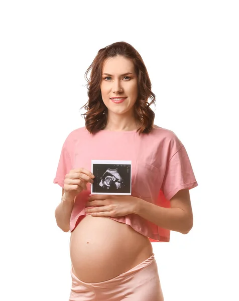 Krásná Těhotná Žena Obrazem Sonogramu Bílém Pozadí — Stock fotografie