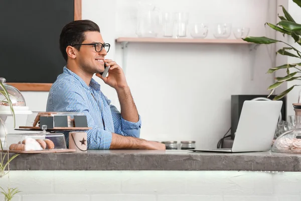 Business Owner Working His Cafe — Stock Photo, Image