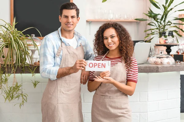 Portrait Business Owners Opening Sign Cafe — Stock Photo, Image