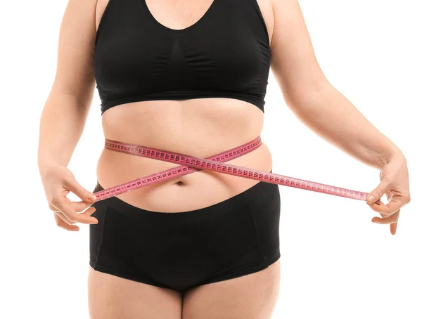 Overweight Woman Measuring Tape White Background Weight Loss Concept — Stock Photo, Image