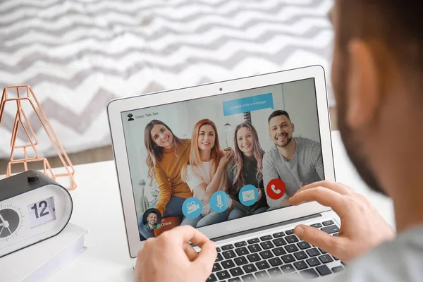 Young Man Video Chatting Friends Home — Stock Photo, Image