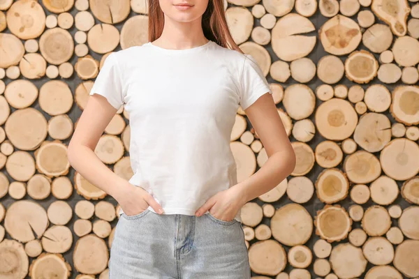 Young Woman Stylish Shirt Wooden Background — Stock Photo, Image