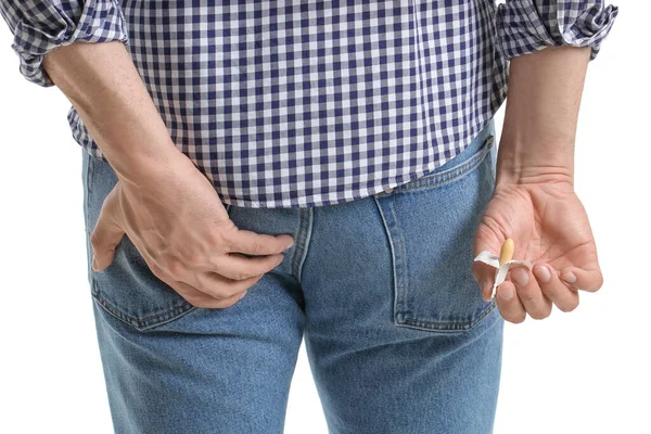 Joven Con Supositorio Hemorroidal Sobre Fondo Blanco Primer Plano — Foto de Stock