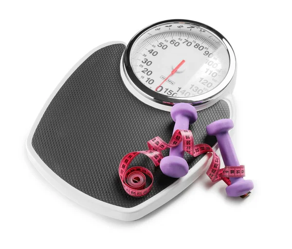 Gewichtsweegschalen Met Meetlint Halters Witte Achtergrond Slimming Concept — Stockfoto