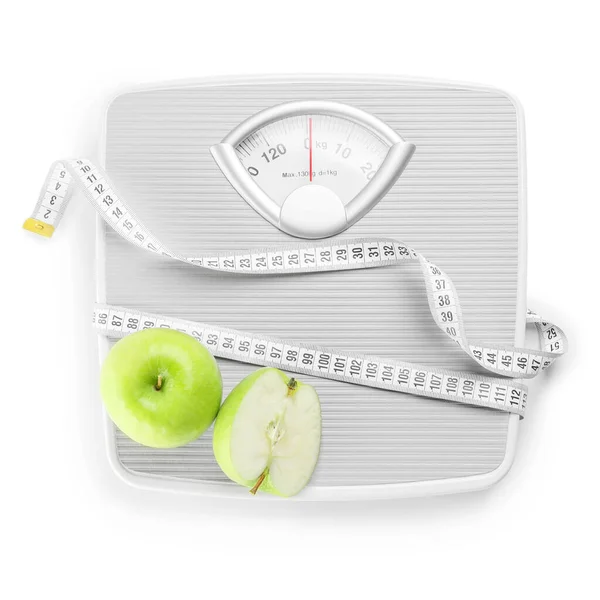 Gewichtsweegschalen Met Meetlint Appels Witte Ondergrond Slimming Concept — Stockfoto