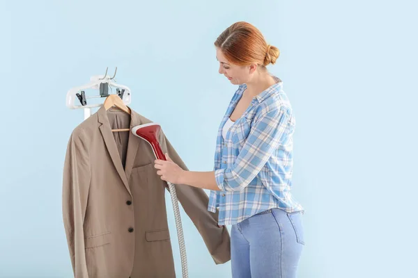 Worker Modern Dry Cleaner Color Background — Stock Photo, Image