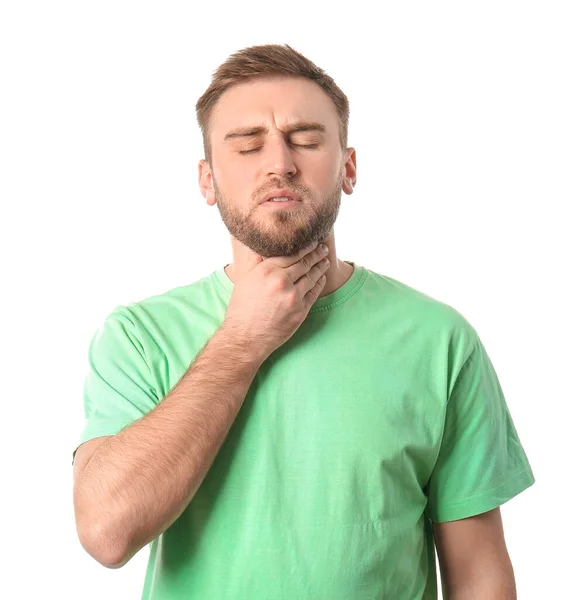 Young Man Checking Thyroid Gland White Background — Stock Photo, Image