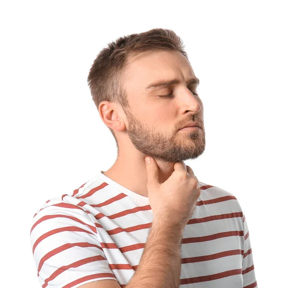 Young Man Checking Thyroid Gland White Background — Stock Photo, Image