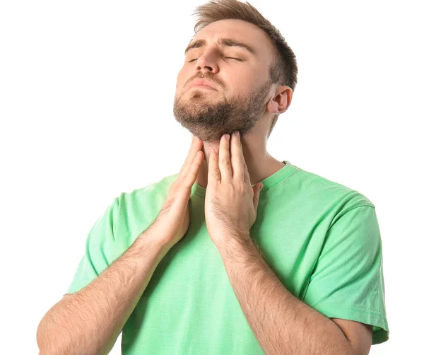 Young Man Checking Thyroid Gland White Background — Stock Photo, Image