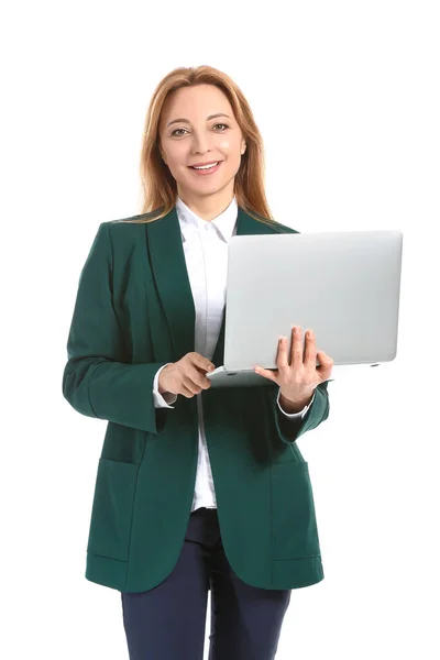 Portret Stylowej Bizneswoman Laptopem Białym Tle — Zdjęcie stockowe