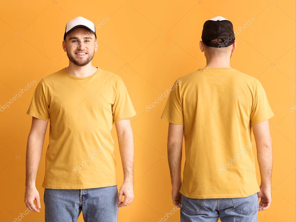 Handsome man in stylish cap on color background. Front and back view
