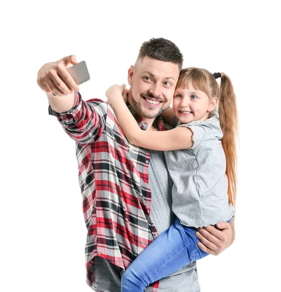 Man Och Hans Lilla Dotter Tar Selfie Vit Bakgrund — Stockfoto