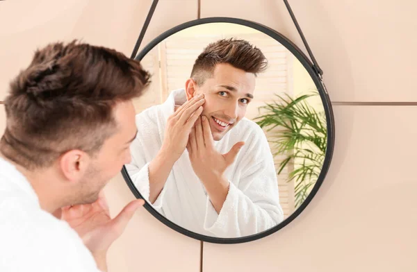 Handsome Young Man Healthy Skin Looking Mirror — Stock Photo, Image