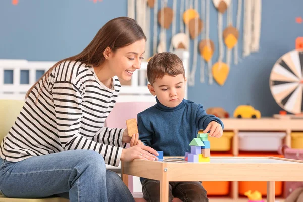 Nanny Playing Cute Little Boy Home — Stock Photo, Image