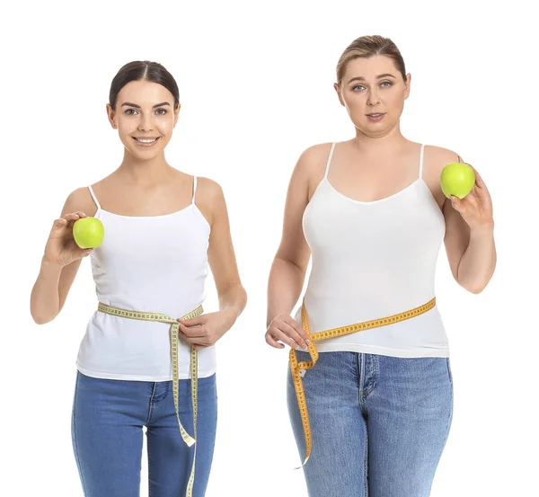 Übergewichtige Und Schlanke Frauen Auf Weißem Hintergrund Konzept Zur Gewichtsreduktion — Stockfoto
