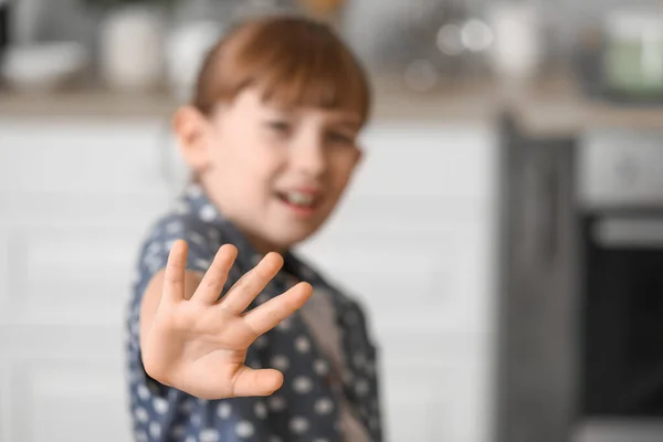 Afraid Little Girl Showing Stop Gesture Home Concept Domestic Violence — Stock Photo, Image