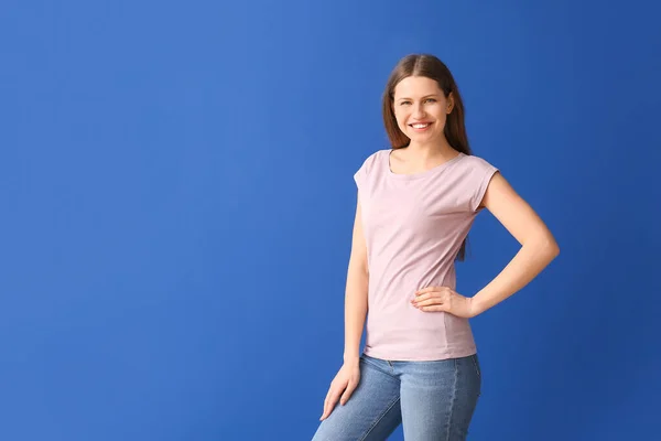 Young Woman Stylish Shirt Color Background — Stock Photo, Image