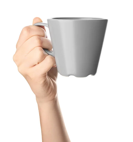 Main Féminine Avec Tasse Vide Sur Fond Blanc — Photo