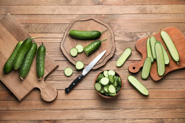 Composition Green Cucumbers Wooden Background — Stock Photo, Image