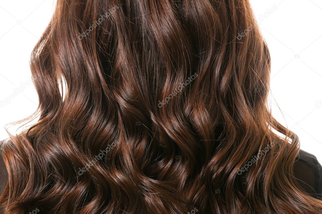 Young woman with beautiful curly hair on white background