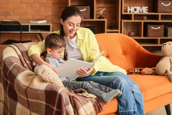 Nanny Cute Little Boy Reading Book Home — Stock Photo, Image