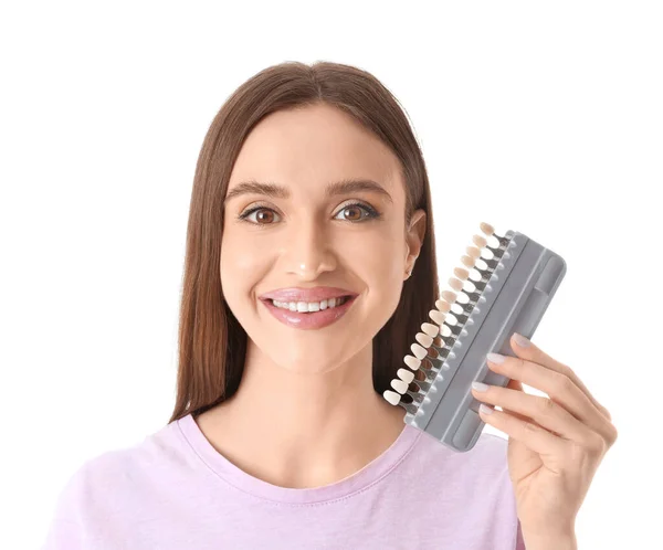 Mulher Bonita Com Dentes Amostras Cor Fundo Branco — Fotografia de Stock