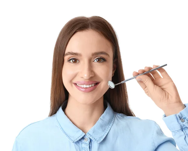 Young Woman Beautiful Smile Dental Mirror White Background — Stock Photo, Image