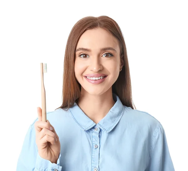 Jonge Vrouw Met Mooie Glimlach Tandenborstel Witte Achtergrond — Stockfoto