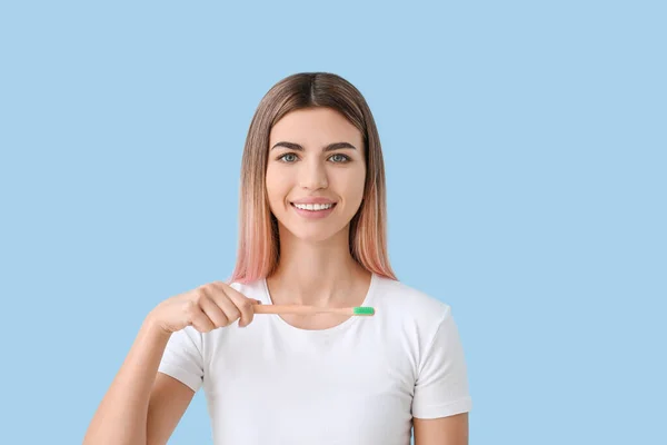 Beautiful Young Woman Toothbrush Color Background — Stock Photo, Image