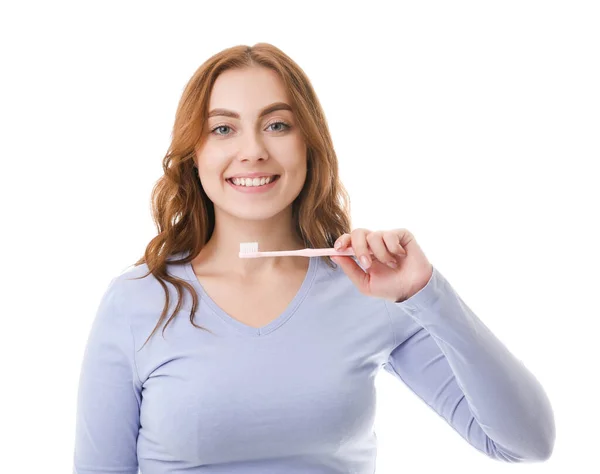Schöne Junge Frau Mit Zahnbürste Auf Weißem Hintergrund — Stockfoto