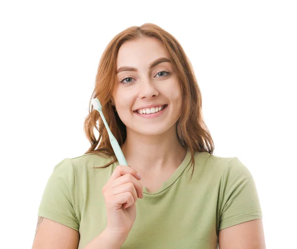 Schöne Junge Frau Mit Zahnbürste Auf Weißem Hintergrund — Stockfoto