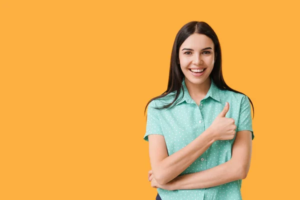 Beautiful Young Woman Healthy Teeth Showing Thumb Gesture Color Background — Stock Photo, Image