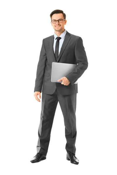 Portrait Handsome Businessman Laptop White Background — Stock Photo, Image