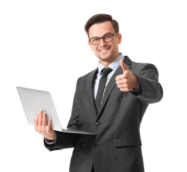 Portrait Handsome Businessman Laptop Showing Thumb Gesture White Background — Stock Photo, Image