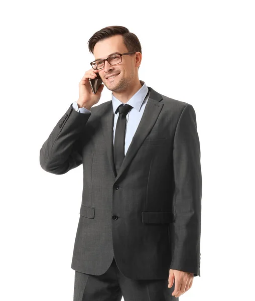 Портрет Красивого Бизнесмена Разговаривающего Мобильному Телефону Белом Фоне — стоковое фото