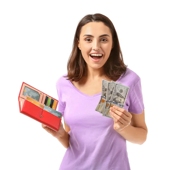 Young Woman Wallet Money White Background — Stock Photo, Image