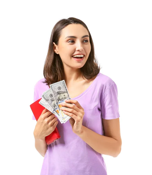 Mujer Joven Con Billetera Dinero Sobre Fondo Blanco — Foto de Stock