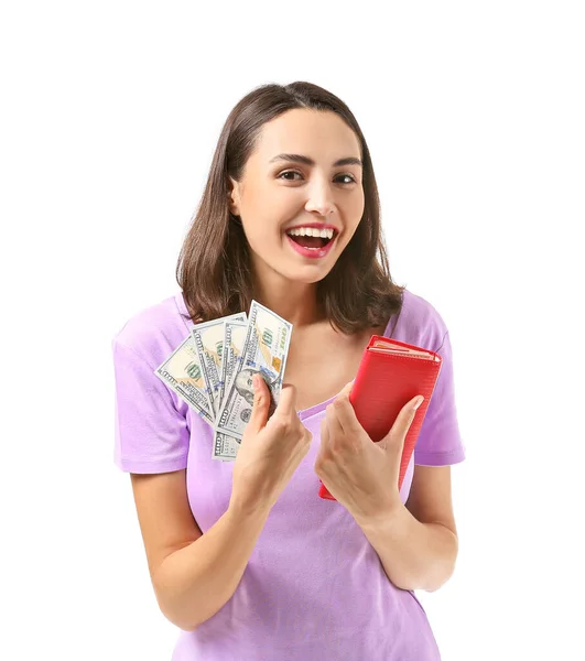 白い背景に財布とお金を持つ若い女性 — ストック写真