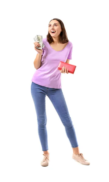 Junge Frau Mit Geldbörse Und Geld Auf Weißem Hintergrund — Stockfoto