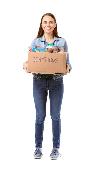 Voluntária Sexo Feminino Com Doações Para Órfãos Fundo Branco — Fotografia de Stock