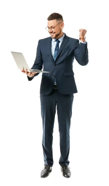 Portrait Happy Businessman Laptop White Background — Stock Photo, Image